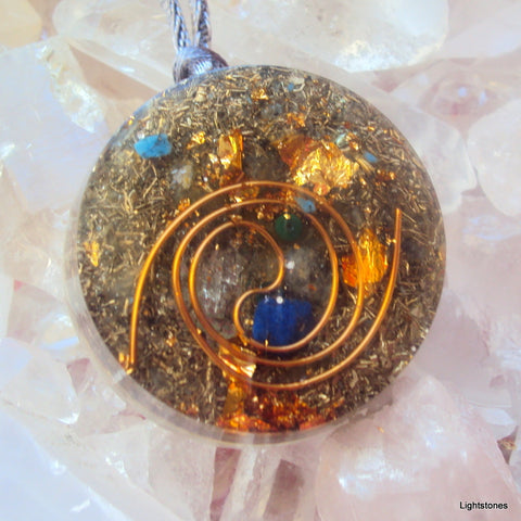 Golden Spiral Orgone Pendant, lapis,aquamarine and malachite