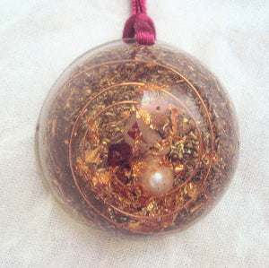 Personal Protection Orgone Pendant, garnet and pearl