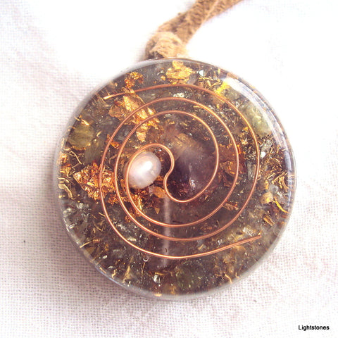 Golden Spiral Orgone Pendant, rose quartz-pearl-garnet