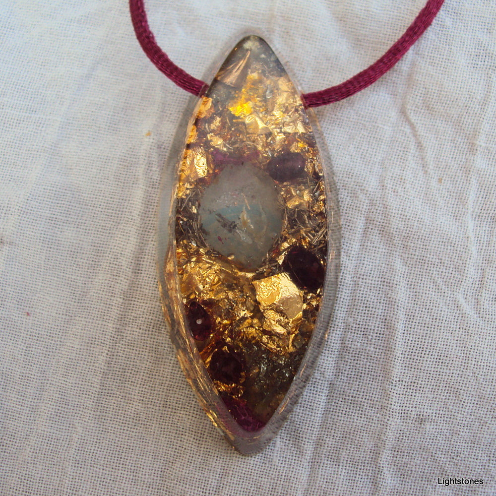 Golden harmonizer, vesica pisces with herkimmer and garnet - Lightstones Orgone , orgonite, EMF protection, orgone pendants, orgone devices, energy jewelry