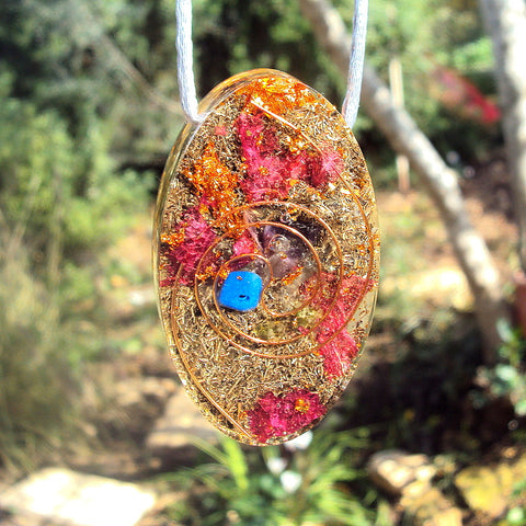 Golden Spiral Orgone Pendant, oval shape, ametyst-lapis lazuli-emerald