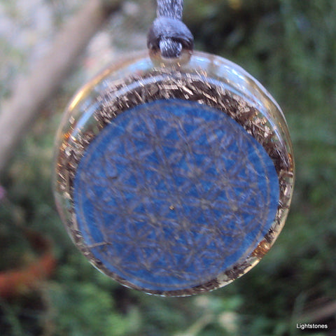 Cyan blue Flower of Life Mandala Orgone Pendant