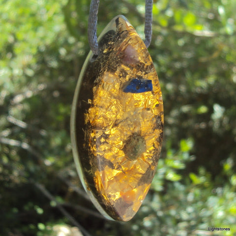 Chakra Harmonizer with shungite, Vesica Pisces, blue on gold flower of life