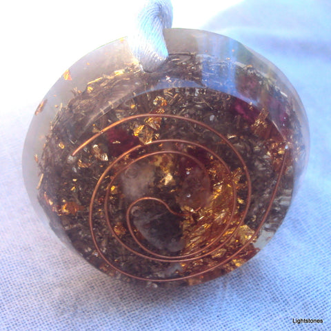 Golden Spiral Orgone Pendant, lapis lazuli, rose quartz, citrine, aquamarine