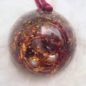 Personal Protection Orgone Pendant, pears, rose quartz, garnet.