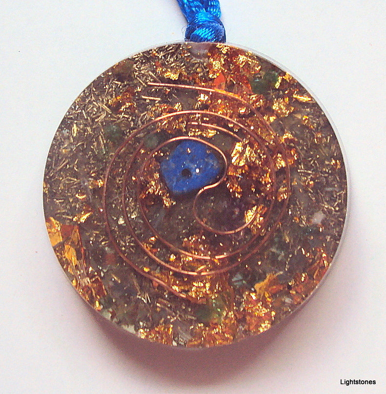 Golden Spiral Orgone Pendant, lapis lazuli and emerald