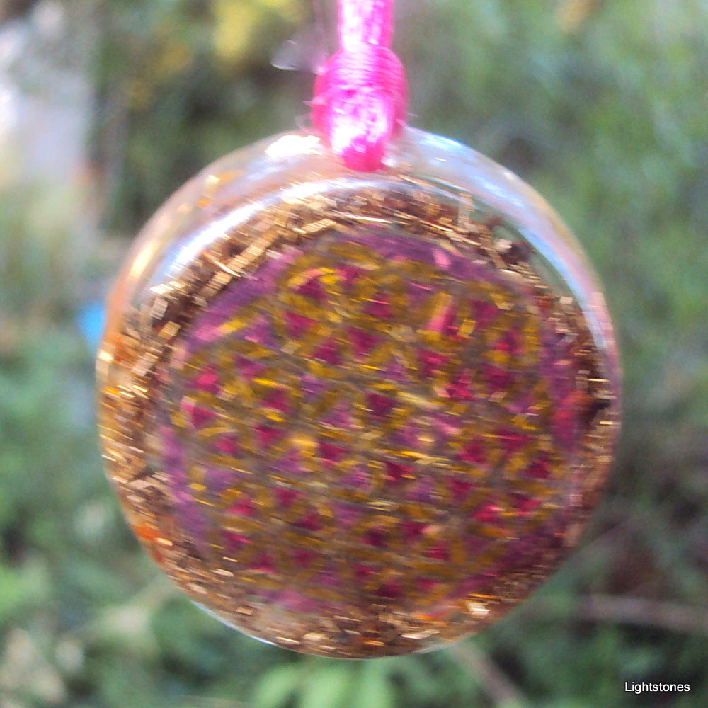 Pink and yellow Flower of Life Mandala Orgone Pendant - Lightstones Orgone , orgonite, EMF protection, orgone pendants, orgone devices, energy jewelry