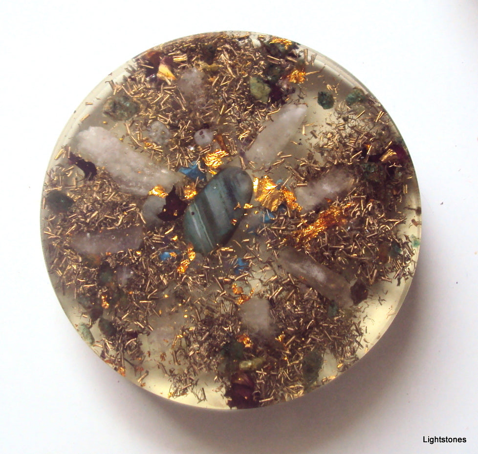 Small orgone plate, jade, quartz, emerald