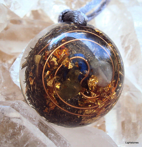 Lightdrop Orgone Pendant, lapis lazuli, moonstone, peridot