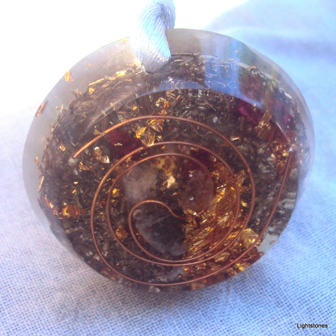 Golden Spiral Orgone Pendant, lapis lazuli, rose quartz, citrine, aquamarine