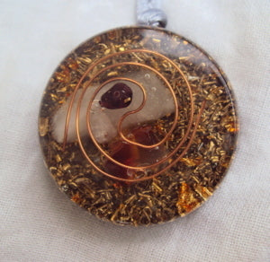 Golden Spiral Orgone Pendant, rose quartz, garnet and carnelian - Lightstones Orgone , orgonite, EMF protection, orgone pendants, orgone devices, energy jewelry