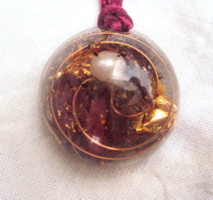 Lightdrop Orgone Pendant, garnet and pearl - Lightstones Orgone , orgonite, EMF protection, orgone pendants, orgone devices, energy jewelry