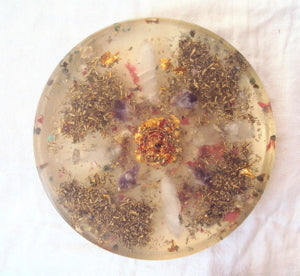 Medium Orgone Charging Plate, white quartz, garnet, rose quartz