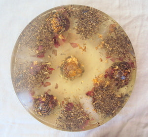 Medium Orgone Charging Plate, white quartz, garnet, pearls
