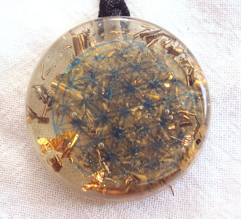 Blue on gold Flower of Life Mandala Pendant