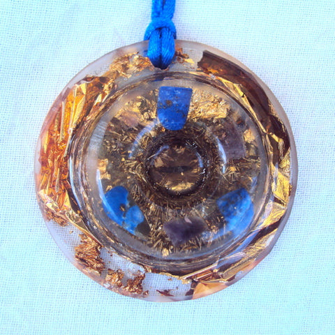 Golden torus disc, lapis lazuli and ametyst