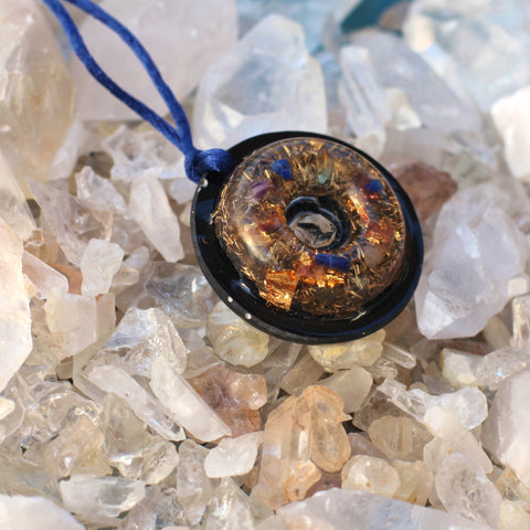 Shungite torus disc orgone pendant, lapis lazuli and ametyst